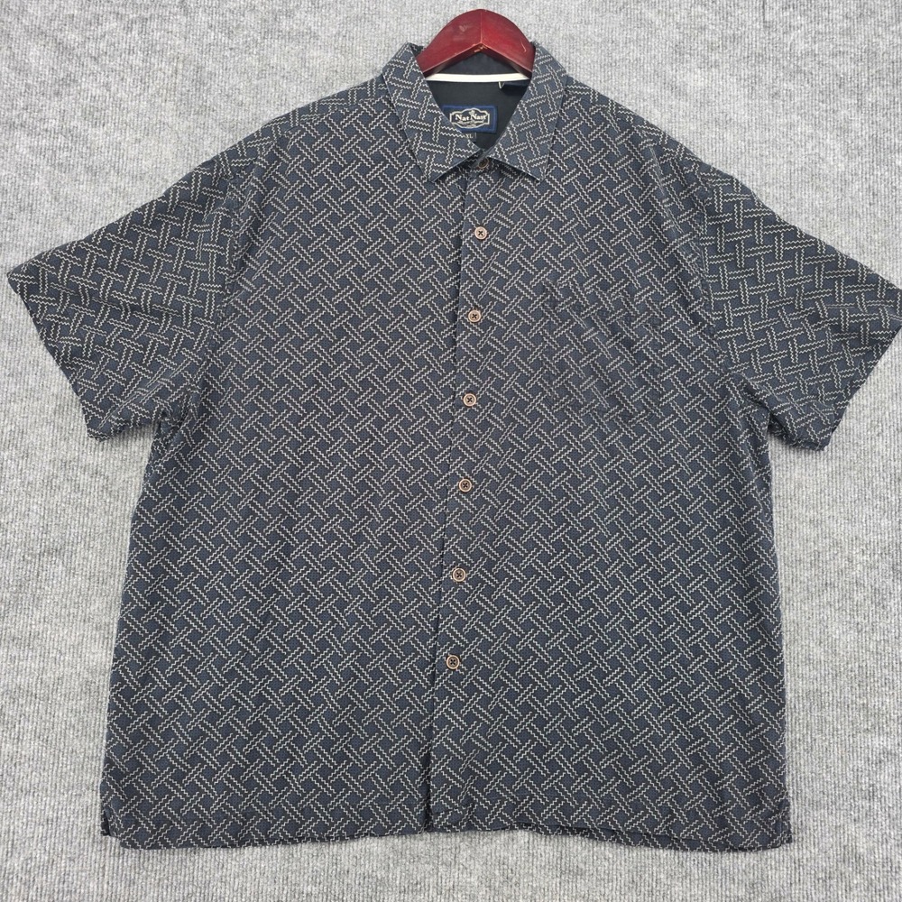 Nat Nast Mens XL Silk Cotton Navy Blue Geometric Short Sleeve Button Down Shirt